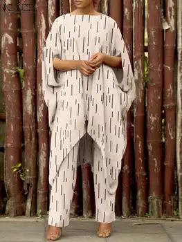 ZANZEA 패션 도시 여성 운동복 세트 여 비대칭 블라우스에 맞는 느슨한 캐주얼 인쇄 바지 세트 Outifits