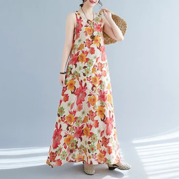 2023 새로운 얇은 빛의 부드러운 슬리브리스 보헤미아는 긴 여름 탱크 드레스 꽃 인쇄 패션 여행 스타일의 캐주얼 해변 드레스
