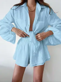 여성 캐주얼 Shirt 반바지는 두 개의 조각 여름 패션 개 긴팔 셔츠 반바지는 여자의 간단한 단색에 맞게
