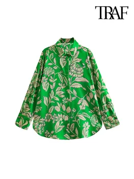 TRAF 성 패션 꽃 인쇄 셔츠 빈티지한 느슨한 긴 소매업 여성 쉬폰 블라우스 세상