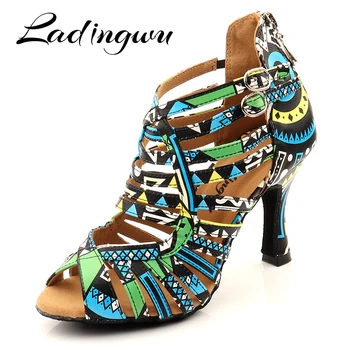 Ladingwu 브랜드 라틴어 춤 신발 여성 댄스 부교 댄스발 푸른 아프리카의 질감이 신발을 전문적인 실내화