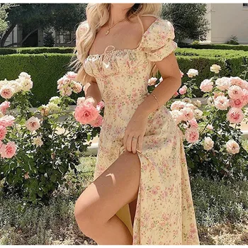 여름 여성의 꽃 오픈 백에 체중을 줄이는 서스펜더 슬릿 미디 드레스 2023 섹시한 짧은 소매 비치 드레스 공휴일레스 라이프치히
