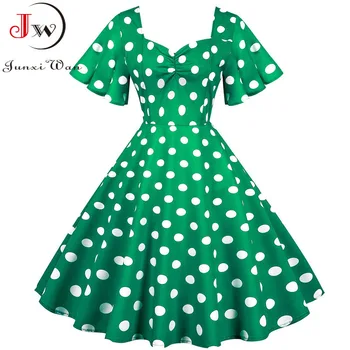 여름 드레스 나비 소매 빈티지 스윙 드레스 가운 우아한 녹색 물방울 무늬 당 결 Jurken