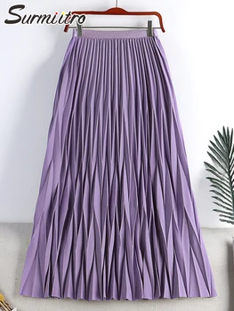 SURMIITRO 슈퍼 품질 2023 여름 한국의 패션을 보라색 Midi 긴 파 주름을 잡은 치마는 여성 높은 허리 라인 스커트 여성