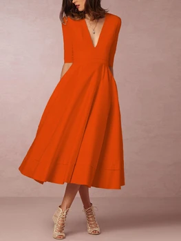 긴 드레스 여성을 위한 새로운 2023V 목 다섯 소매점 높은 허리 솔리드 컬러한 여름 드레스 패션은 우아 여성 의류
