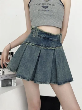 DEEPTOWN 데님 스커트 빈티지 스트리트웨어 높은 허리 라인에 원시 가장자리를 한국의 패션 청 미니스커트 여름 Y2k