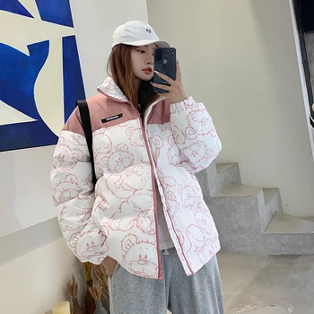 2022 만화 인쇄 재킷 여성의 새로운 겨울을 두껍게 하는 대형 버블 코트 일본의 느슨한 작물 호흡기 재킷 여자