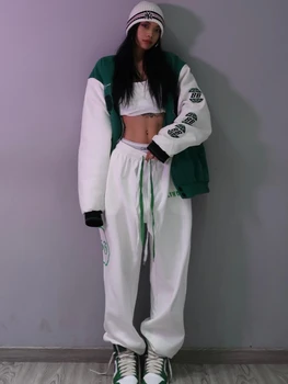 HOUZHOU 조깅 트레이닝 여성 2021 년 봄 한국의 패션 흰색 스포츠 조깅 바지 하라주쿠 캐주얼 바지 오버 사이즈