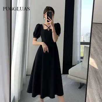 우아한 여름 블랙 드레스 여성 패션 레트로 퍼프 소매 고삐 스퀘어 칼라 미디 드레스 Office 레이디 라인레스 드레스