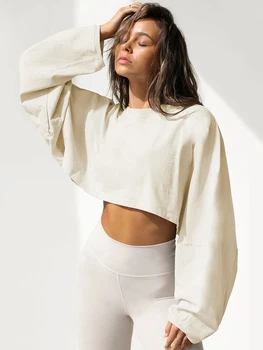 여성 솔리드 컬러 짧은 스포츠 후드&스웨터 겨울 라운드 목 긴 소매 Y2k T 셔츠