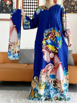 새로운 아프리카 여자는 긴 소매 민족 Print Dashiki 목화 꽃 드레스 인쇄 풀 카프레스 스카프와 함께 캐주얼 드레스