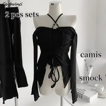 섹시한 설정 여성 Camis 작업복은 2 조각 Slash 목 세련된 스트리트웨어 작물상에 주름을 불규칙한 슬림 기질을 봄 뜨거운 여성