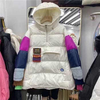 2021 년 캐주얼한 코트 아래로 까마귀 다운 겨울 패치 워크 후드웨터 캐주얼 다운 재킷 여성의 짧은 따뜻한 외투