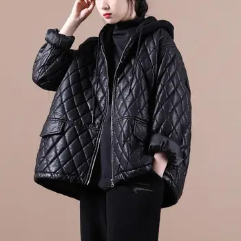 오버 사이즈 한국어 퀼팅 가죽 재킷을 가을 겨울 코트 다운 따뜻한 긴 소매퍼 후드 패딩 자켓 New