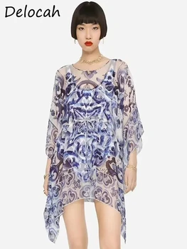Delocah 높은 품질의 여름 패션 디자이너 Lrregular 드레스 베트 소매 파란색과 흰색 도자기 인쇄 미니 드레스