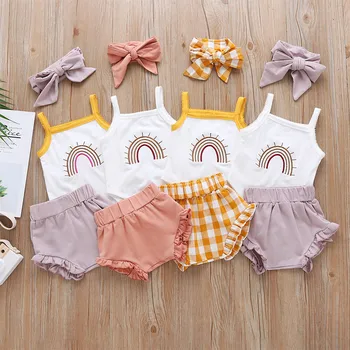 여름 패션 아기 소녀의 무지개를 인쇄 서스펜더 돌아 다니는 무늬 반바지 3 개의 아기 바지 패션 아 의상