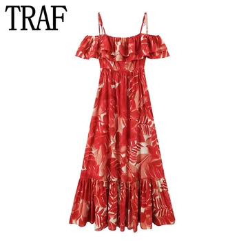 TRAF Print 주름 장 드레스 여성이 떨어져의 어깨 여름 드레스 여성 2023 홀리데이 짧은 소매 슬립 드레스 Ruched 미디 드레스