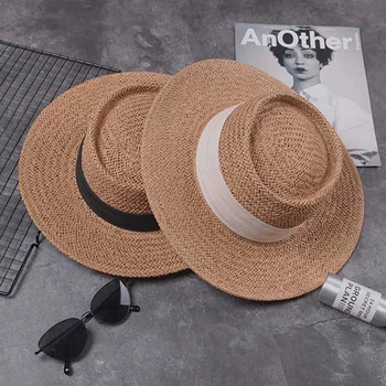 여름 해변 일 캡 2019 년 새로운 브랜드의 평면 위에 밀짚 모자 패션 소녀 리본 비치 모 뼈 패션 Gorra