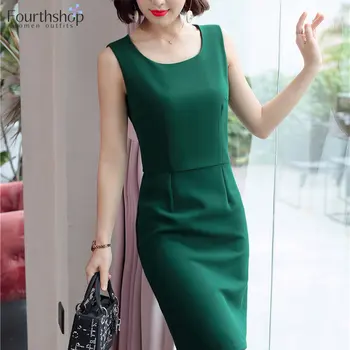 드레스 사무실 숙녀 드레스 여성 슬리브리스 패션이 녹색 비즈니스 착용 작업복은 여성 의류 의상 2023