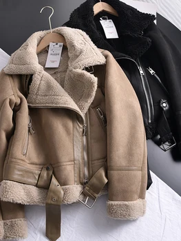 TRAF 겨울 따뜻한 스웨이드 어린 양의 재킷은 짧은 기관자전차 브라운 코트 가짜 가죽,양피 가죽 재킷은 보내다