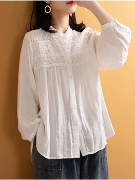 Lamtrip 독특한 면 털실 아웃 레이스 패치 워크 칼라 흰색 소프트 가는 셔츠 블라우스의 여성