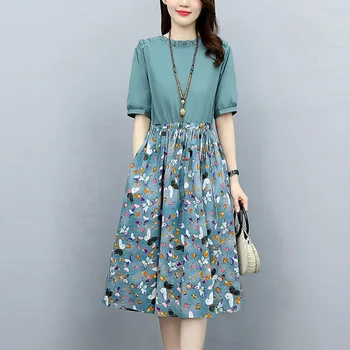 패션 느슨한 인쇄된 배선 접 주름 붕대를 착 미디 드레스 여성의류 2023 여름다운 한국 꽃 드레스