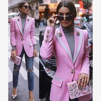 하이 스트리트 패션 2023 디자이너 재킷 여자의 긴 꽃무늬 버튼 로즈 핑크 재킷 외부 자켓