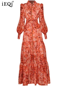IEQJ 인쇄 패션에 대한 우아한 드레스 여성 라펠 랜 소매 싱글 붕대 미디 드레스 2023 여름 새로운 3W4491