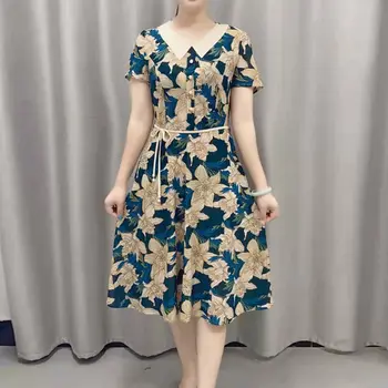 여성 의류 빈티지 인쇄 미디 드레스 여름주 짧은 통근 세련된 라운드 칼라 버튼 드레스