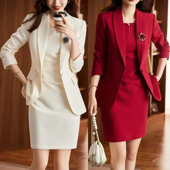 높은 품질 2023 봄 가을 재킷인 조끼 2-조각이 여성들의 사무실은 직업적인 마모 한국어 캐주얼 블레이저 스커트 세트
