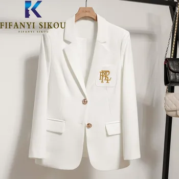 화이트 재킷 여성 높은 고품질의 패션은 자수 단일 브레스 재킷 숙녀의 우연한 사무실 공식 블레이저 코트