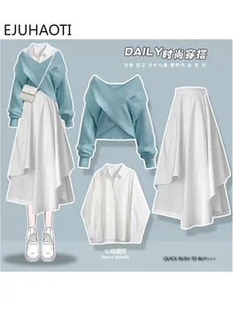 Preppy 스타일은 달콤한 바람에 맞게 소녀가 한국 패션 십자가 스웨트셔츠 스커트 세트에 우아한 여성의 옷을 무료배송