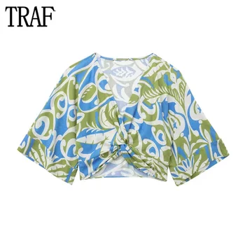 TRAF2023 인쇄 작물 최고 여성의 매듭 Ruched 최고 여성의 넓은 소매 보헤미안 블라우스 캐주얼 여름 셔츠와 블라우스에 대한 여성