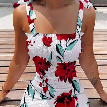 섹시한 여자의 Bodycon 드레스 어깨 여름 패션 슬링 끈이 없는 소형 주름 슬림 인쇄 탱크 비치 파티 드레스