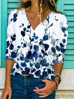 우아한 V-목 여성 봄 여름 패션 긴 소매 스웨터 꼭대기에 빈티지 꽃 무늬 레이디 셔츠 블라우스 플러스 사이즈 5XL