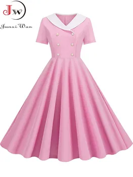 여름 미디 드레스 여성은 우아한 분홍색 빈티지 당 결 캐주얼 Peter pan 네크라인에 짧은 소매 드레스