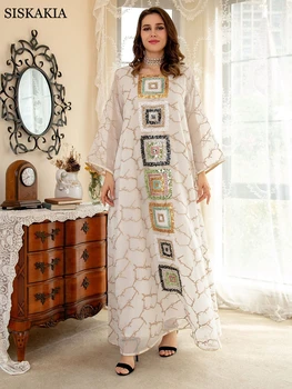 Siskakia 아랍어 Sequin 자 수 Abaya 드레스에 대한 여자 아이드 2022 카프 탄비뿐만 아니 흰색 드레스 무슬림 라마단 이슬람 옷