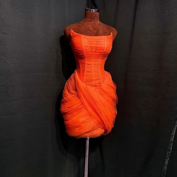 실제 이미지 오렌지 튤 파티 드레스 꽤 끈이없는 계층형 소형 메시 공식적인 자 가운 사용자 정의 만든 인 댄스 파티 드레스