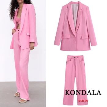 여자 세련된 핑크 Office Lady 재킷 Za2021 긴 소매 V 목 버튼 하나 대형 재킷은 우아한 솔리드 세련된 재킷