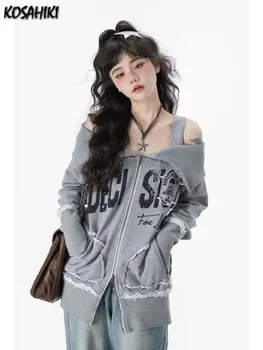 빈티지 인쇄 후드 한국의 패션 하라주쿠 여자들의 어깨 Zip Up Y2k 플 캐주얼 그런 재킷