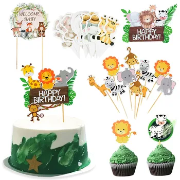 Jungle Safari 생일 케이크 상품은 원숭이 동물원 사자 정글자 케이크 상품 동물성 생일 테 컵케이크 케이크 플래그 래퍼