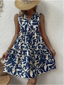 유행 인쇄 여성복 여름 민소매 V 넥 세련되고 우아한 여성 미디 드레스 캐주얼로 무릎 길이의 짧은 드레스