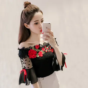 2018 년 여름 블라우스의 달콤한 활 꽃 자수 레이스 셔츠 레이 짧은 소매 Slash 목에 메시 쉬폰 블라우스에 짧은 탑 A837