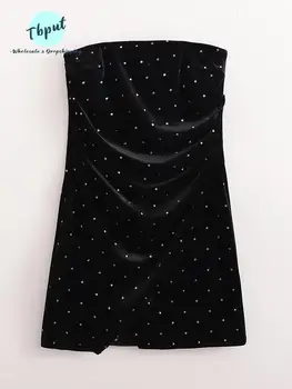 우아한 벨벳의 화려한 브라 장착된 드레스 여성 패션 솔리드 관 탑 주름 저녁 드레스 2023 끈이 없는 분할 미니 드레스
