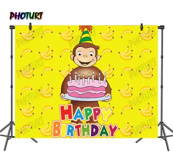 PHOTURT 조지 원숭이를 배경으로 어린이 생일 노란색 배경 바나나 케이크 비닐 폴리에스테르 사진 스튜디오 장 소