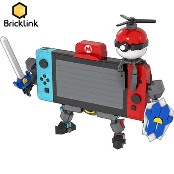 Bricklink 창조적인 전문가 MOC Nintendoed 스위치 게임 콘솔 Mech 로봇 설정 Zeldaing 무기 빌딩 블록 아이 장난감 선물