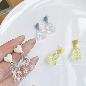 한국의 다채로운 사랑 투명한 작은 곰 귀걸이 귀여운 소녀 귀걸이의 여름은 작은 신선한 귀걸이 디자인 