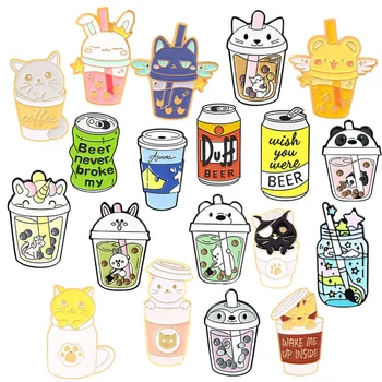 음료컵 시리즈 에나멜 핀을 수 있는 병 우유 차 고양이 동물 유니콘 브로치 라펠 배지 재미있는 만화 보석 선물 도매