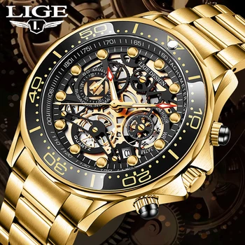 LIGE 패션의 모든 금 Mens 시계 최고 브랜드 럭셔리 스테인레스 스틸 시계에 대한 남성 방수 스포츠 시계 남자 크로노그래프