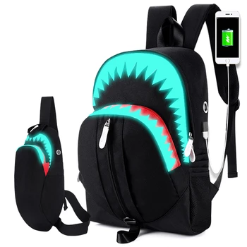 패션 배낭 USB 충전 밤 빛나는 상어 노트북 가방 학생들을 가슴 가방 청소년 학교 가방 여행 가방